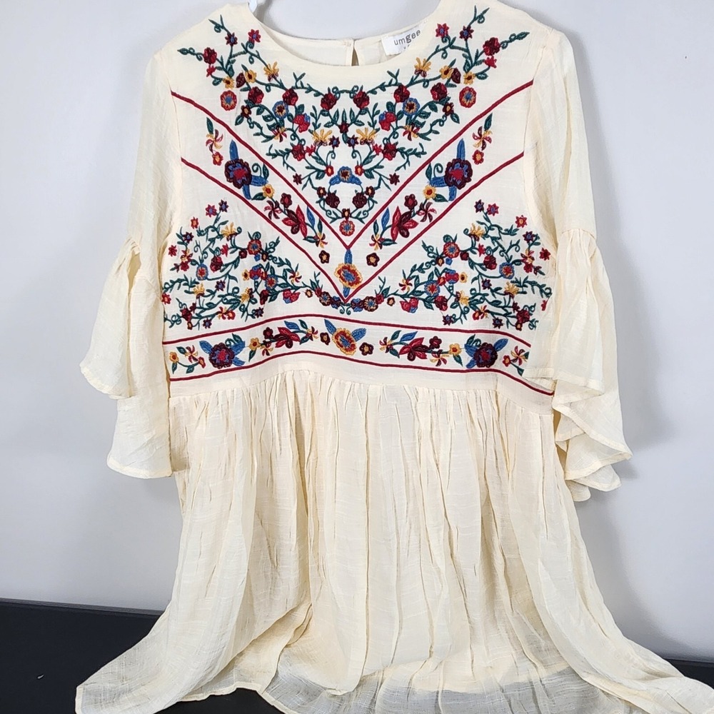 Umgee Boho Floral Embroidered Ruffle Sleeve Ivory Mini Dress Size Small - Picture 3 of 11